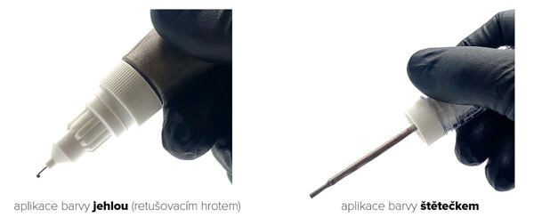 Oprava laku jehlou a štětcem.